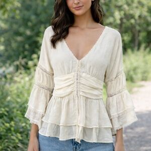 Andrea Behar Boston Proper Ivory Lace Boho Peplum Blouse Size S